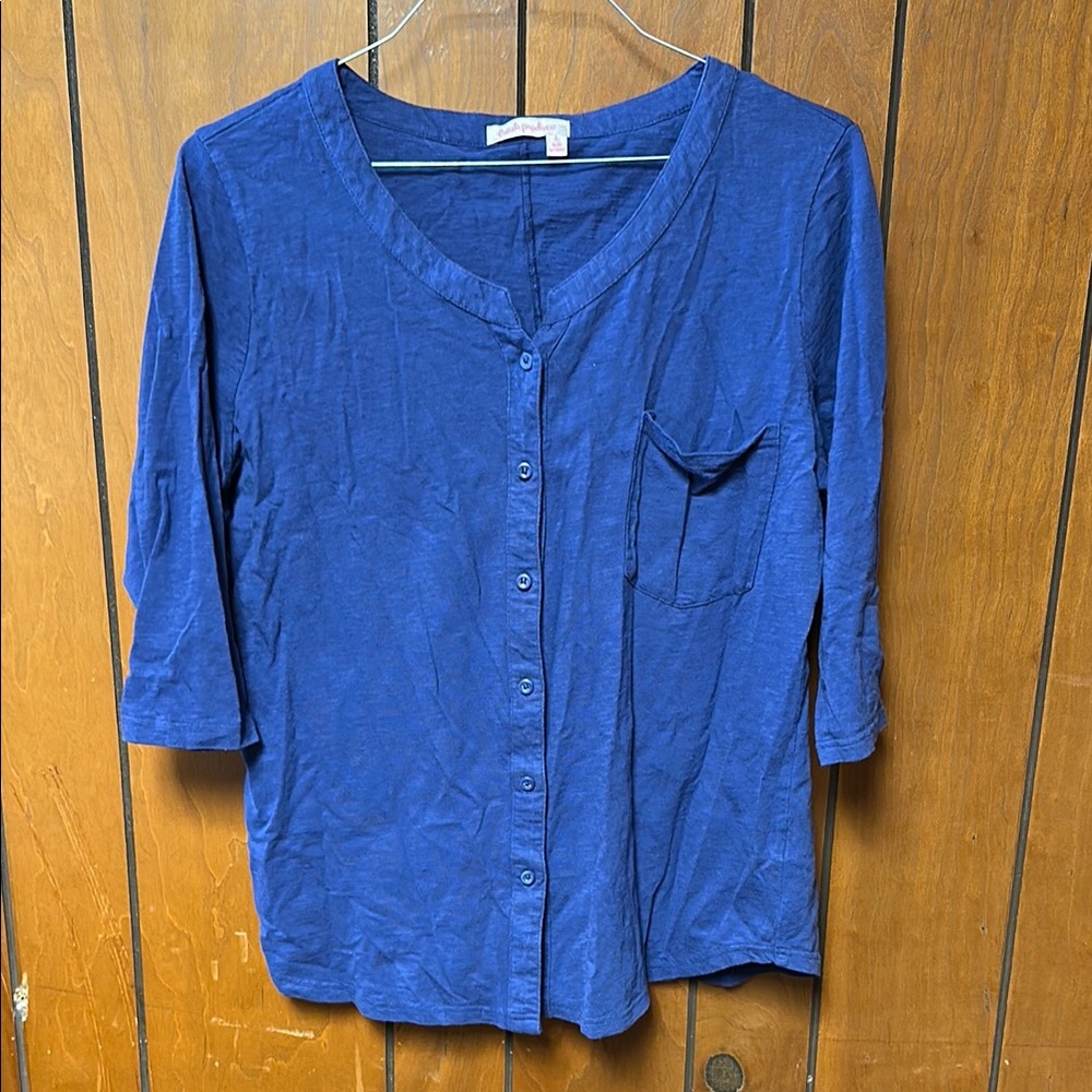 EUC Fresh Produce Blue Cotton Button Down 3/4 Sleeve Tshirt Tee